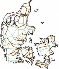 Danske privatbaner 1932 (angivet med brunt). DBJ og SVJS mangler på kortet